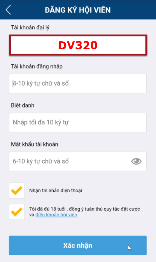 điền tài khoản đại lý DV320